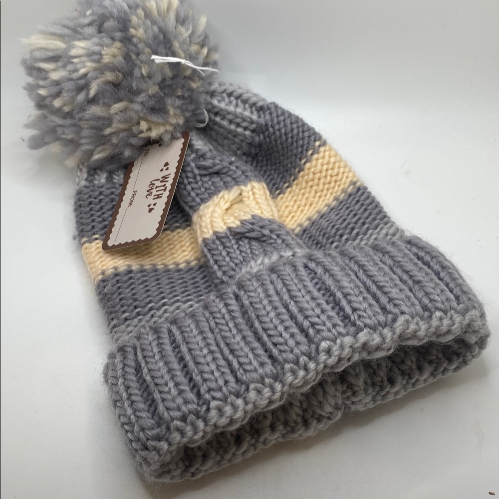 Arctic Paw Pom Pom Beanie gray & cream  Cable Knit Winter Beanie Women Hat